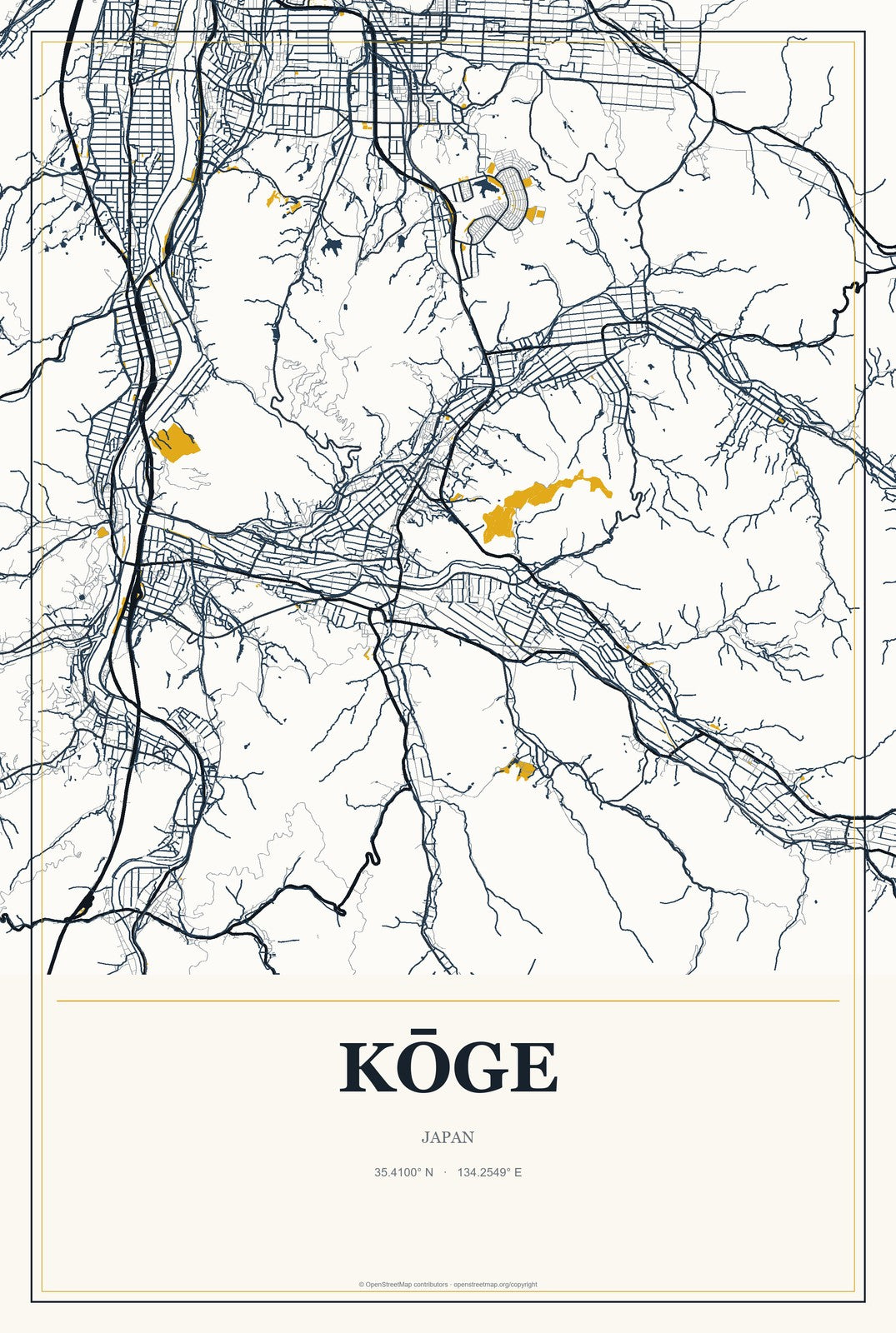 Kōge, Japan City Map Aluminum Sign in Citrine Modern style