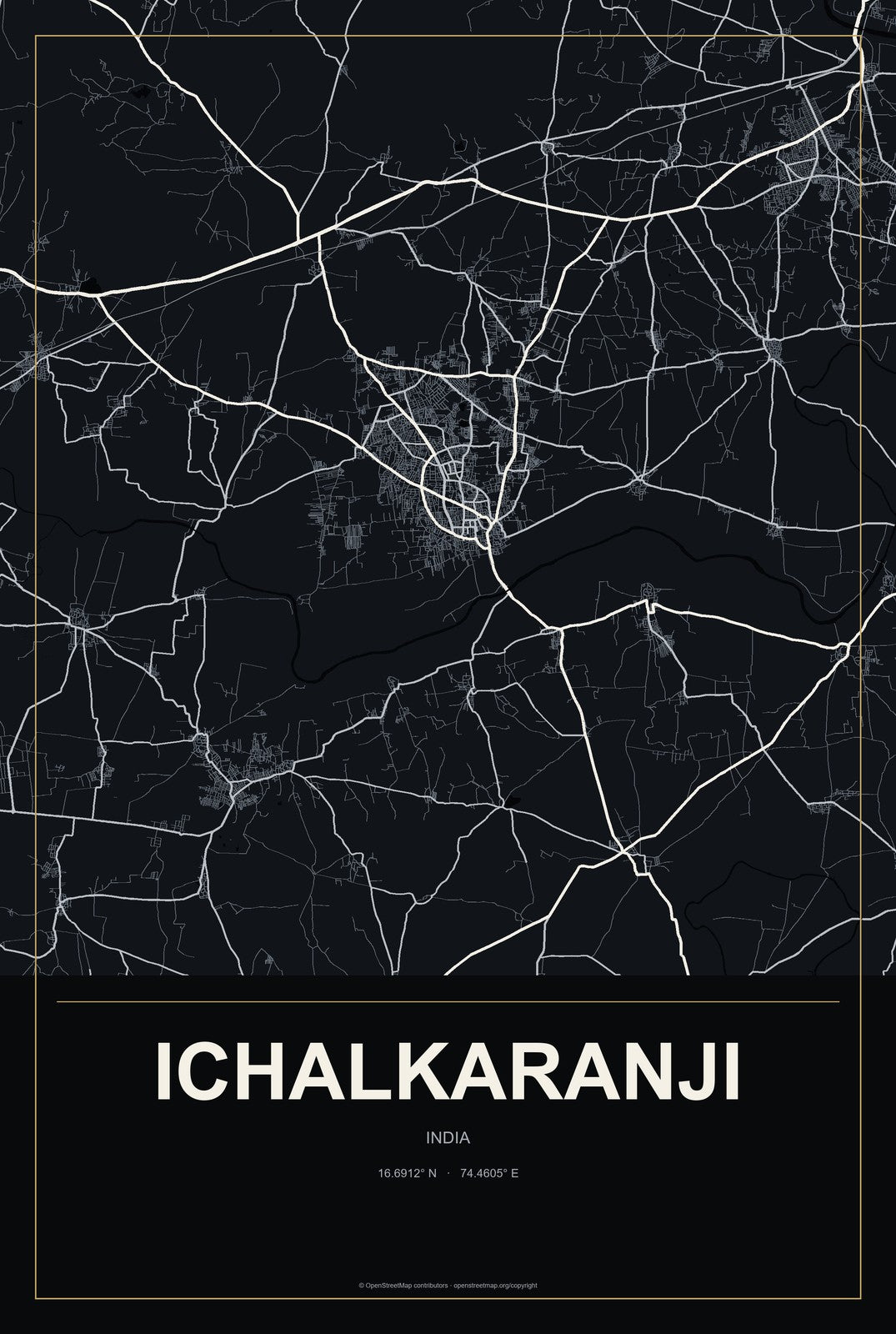 Ichalkaranji, India City Map Aluminum Sign in Metropolitan Noir style