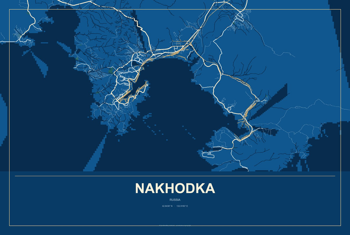 Nakhodka, Russia City Map Aluminum Sign in Harbor Cobalt style