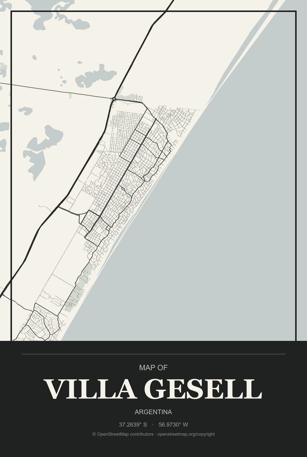 Villa Gesell, Argentina City Map Aluminum Sign in Museum Plaque style