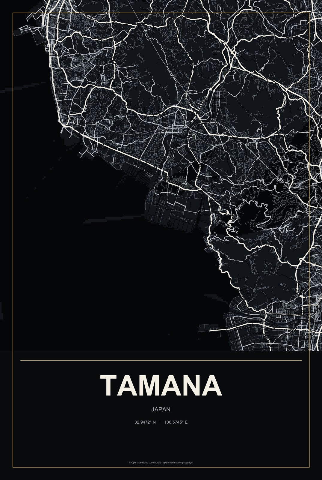 Tamana, Japan City Map Aluminum Sign in Metropolitan Noir style