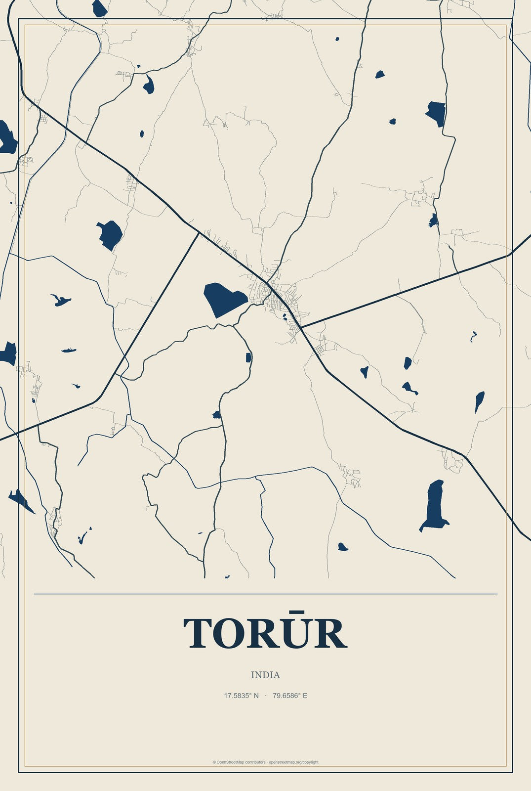 Torūr, India City Map Aluminum Sign in Coastal Cutout style