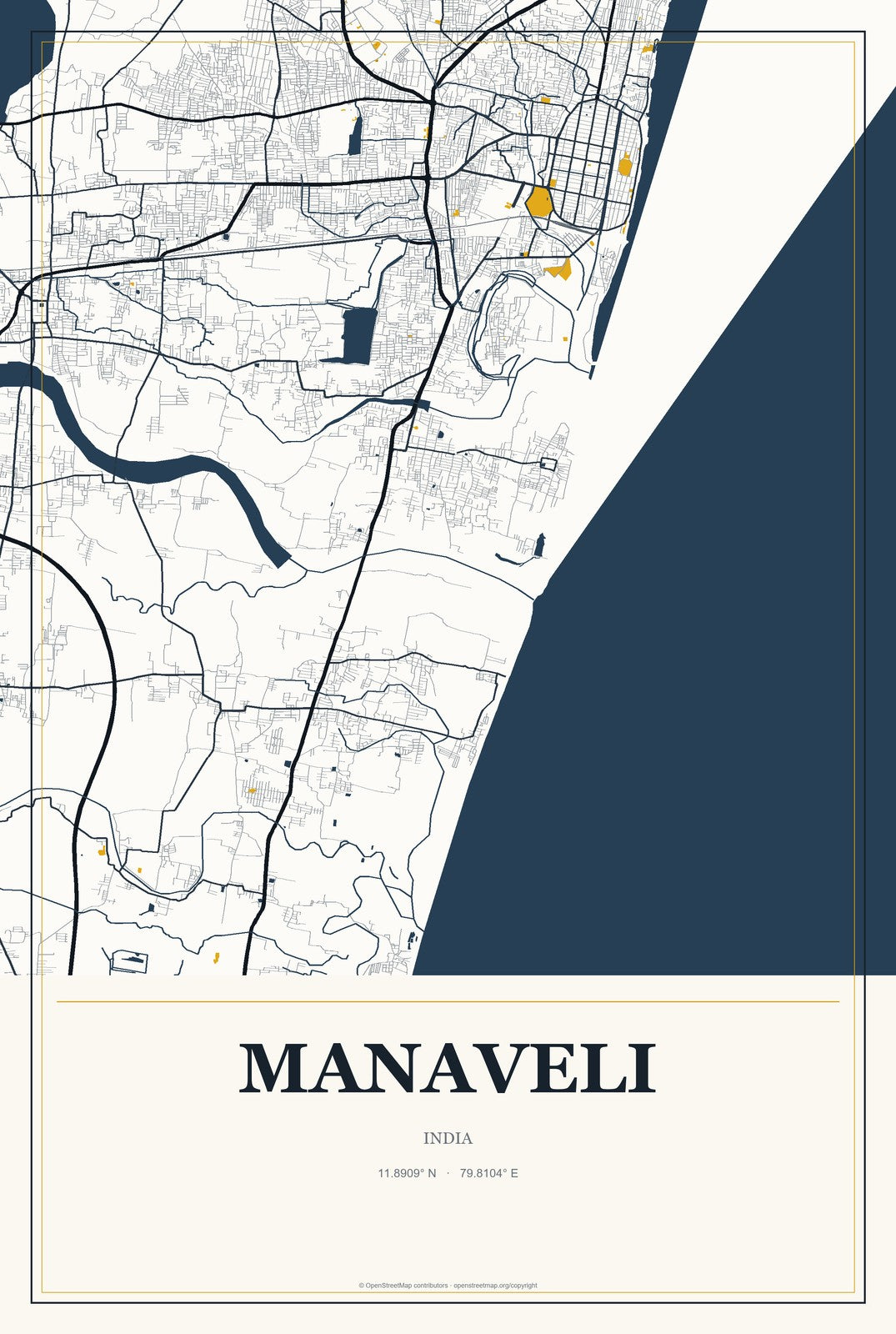 Manaveli, India City Map Aluminum Sign in Citrine Modern style