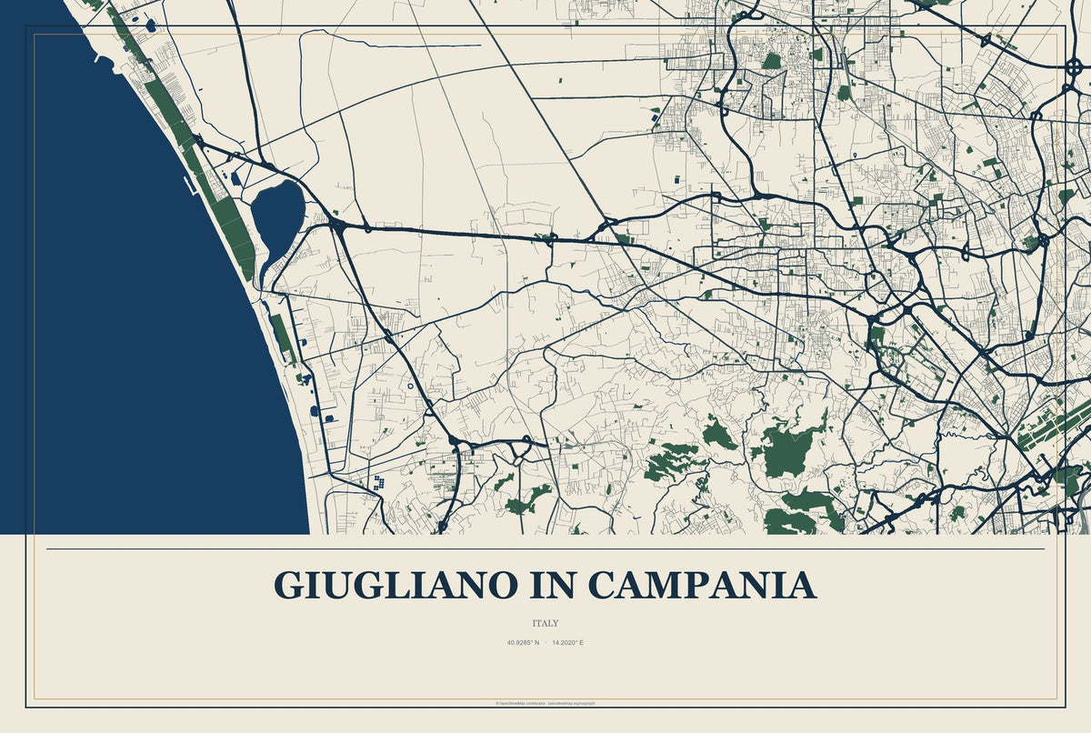 Giugliano in Campania, Italy City Map Aluminum Sign in Coastal Cutout style