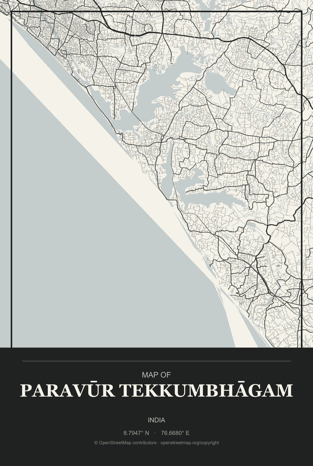 Paravūr Tekkumbhāgam, India City Map Aluminum Sign in Museum Plaque style