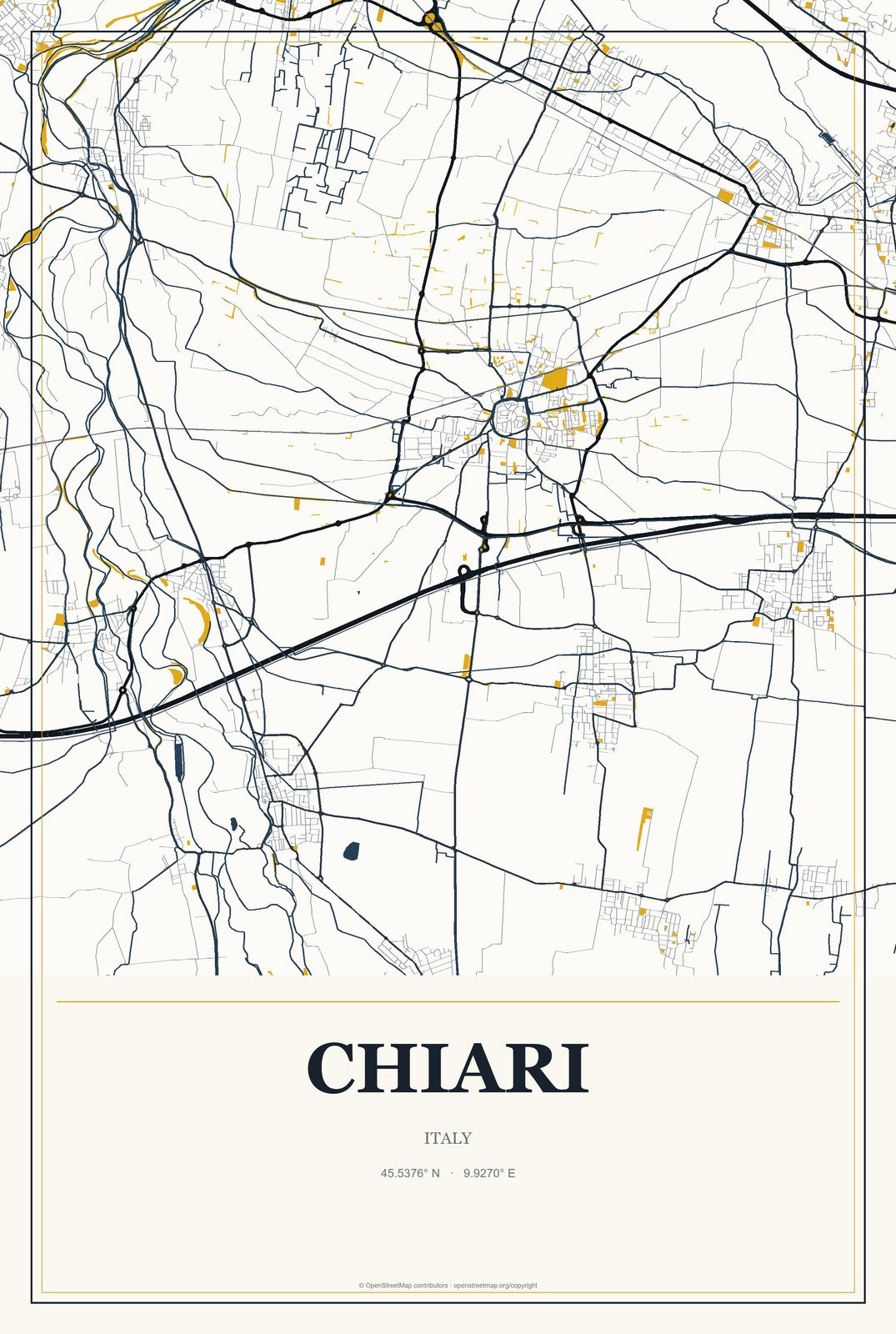 Chiari, Italy City Map Aluminum Sign in Citrine Modern style