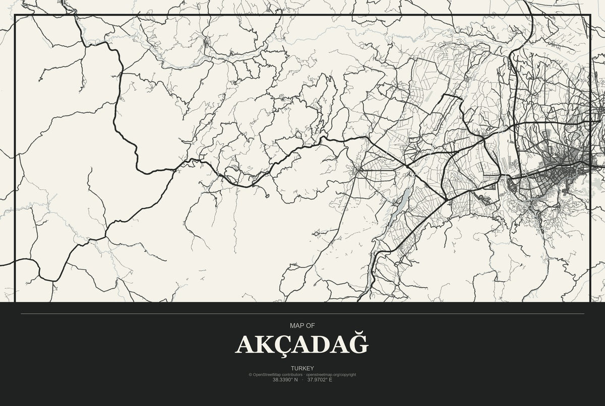 Akçadağ, Turkey City Map Aluminum Sign in Museum Plaque style
