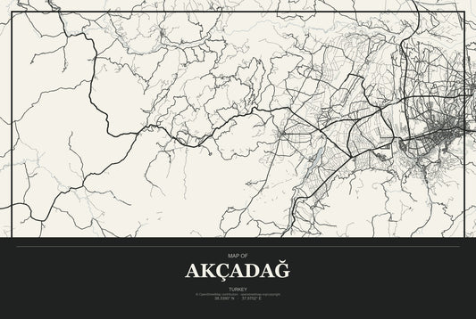 Akçadağ, Turkey City Map Aluminum Sign in Museum Plaque style