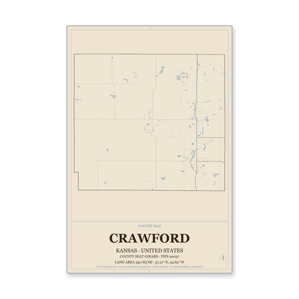 Crawford County, Kansas Map Aluminum Sign in Heritage Nautical style