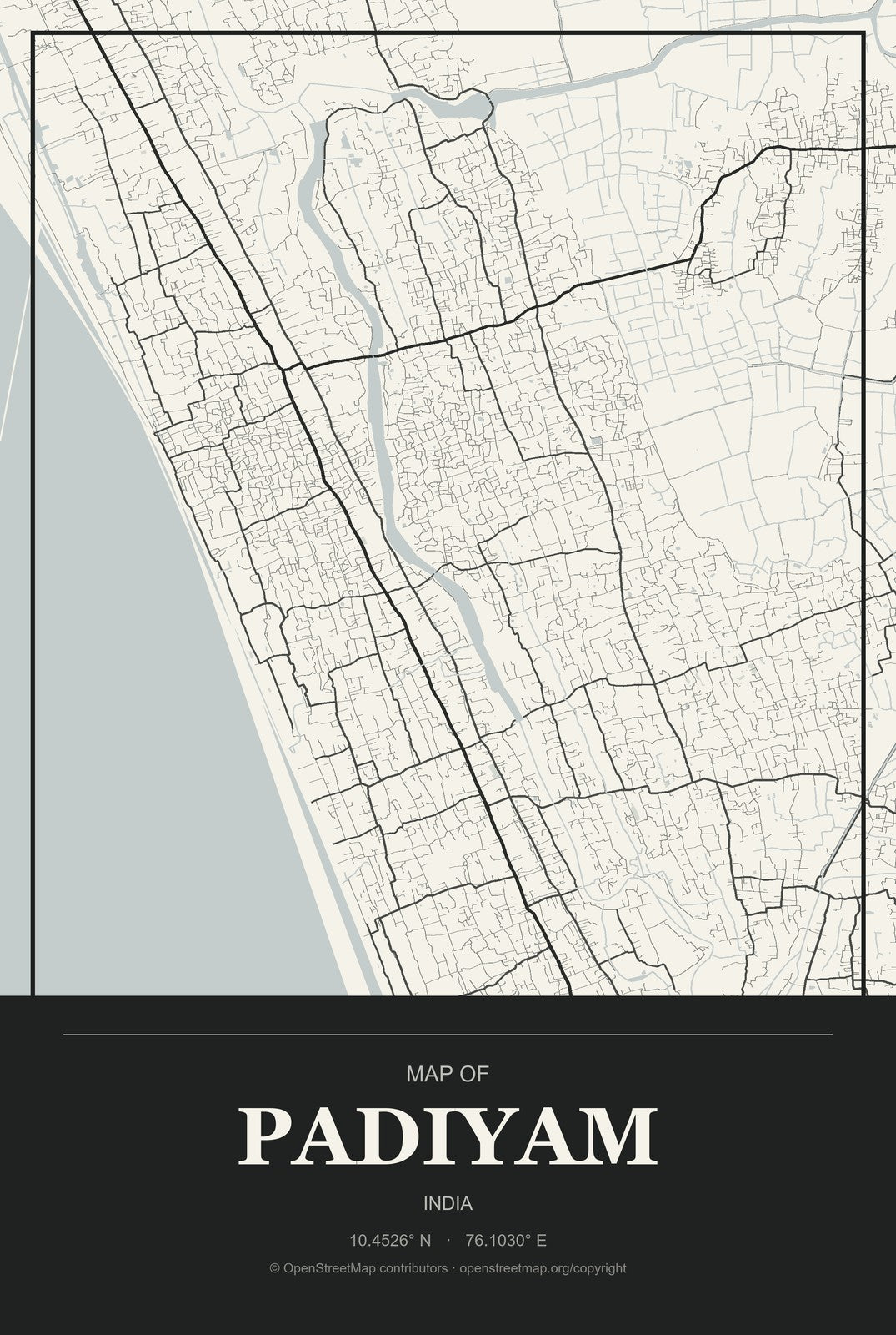 Padiyam, India City Map Aluminum Sign in Museum Plaque style
