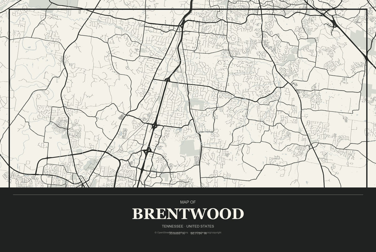 Brentwood, Tennessee City Map Aluminum Sign in Museum Plaque style