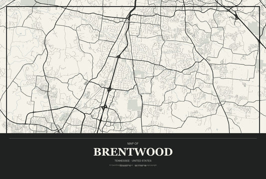 Brentwood, Tennessee City Map Aluminum Sign in Museum Plaque style