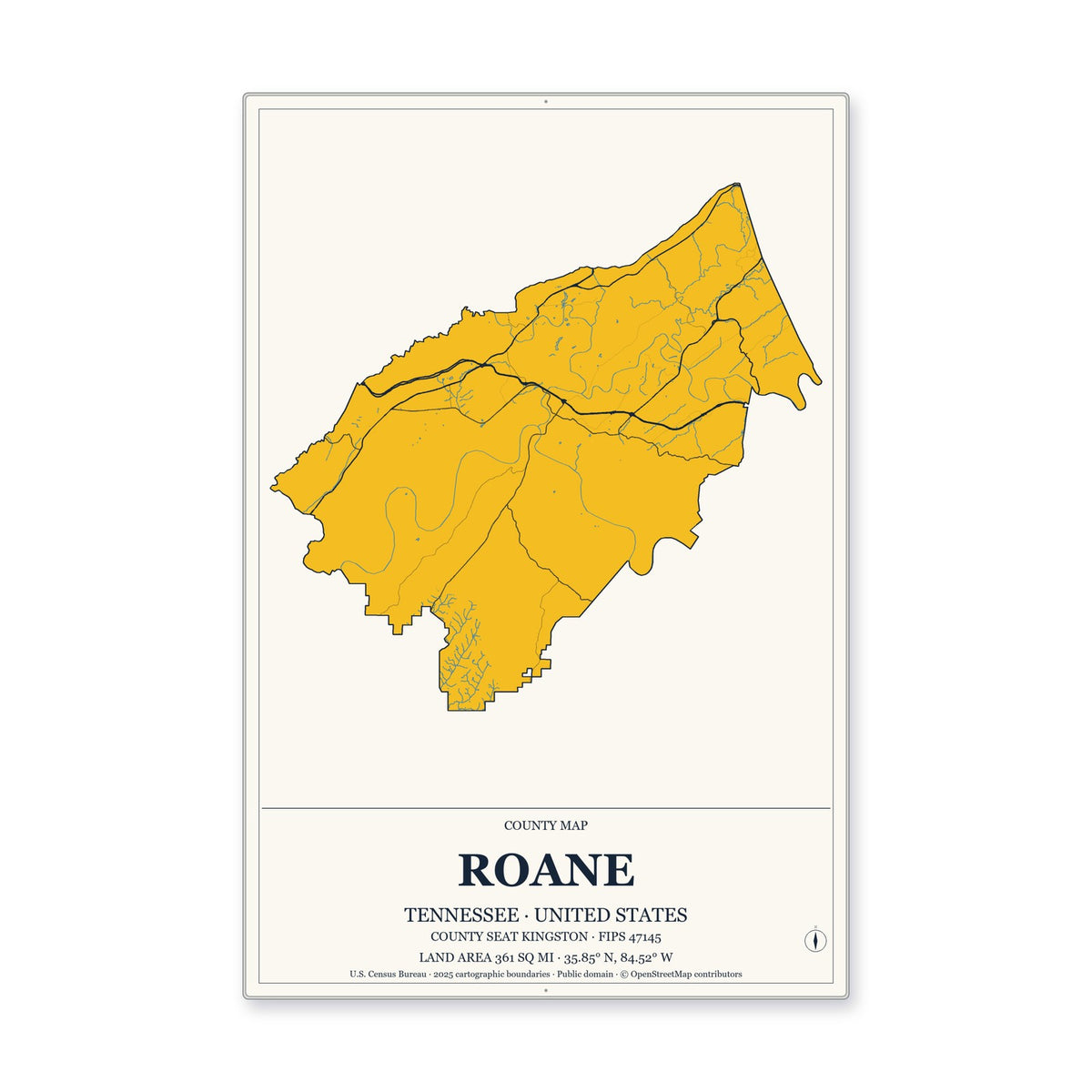 Roane County, Tennessee Map Aluminum Sign in Citrine Modern style