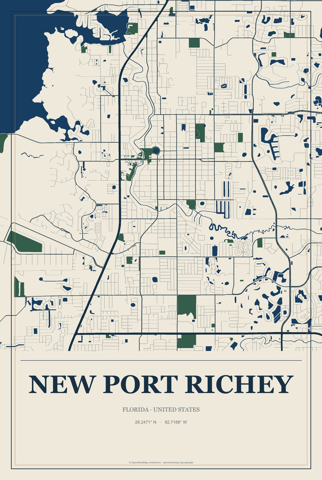 New Port Richey, Florida City Map Aluminum Sign in Coastal Cutout style