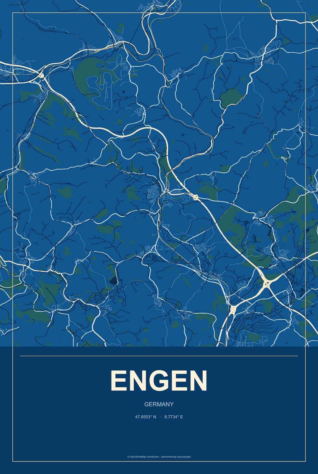 Engen, Germany City Map Aluminum Sign in Harbor Cobalt style
