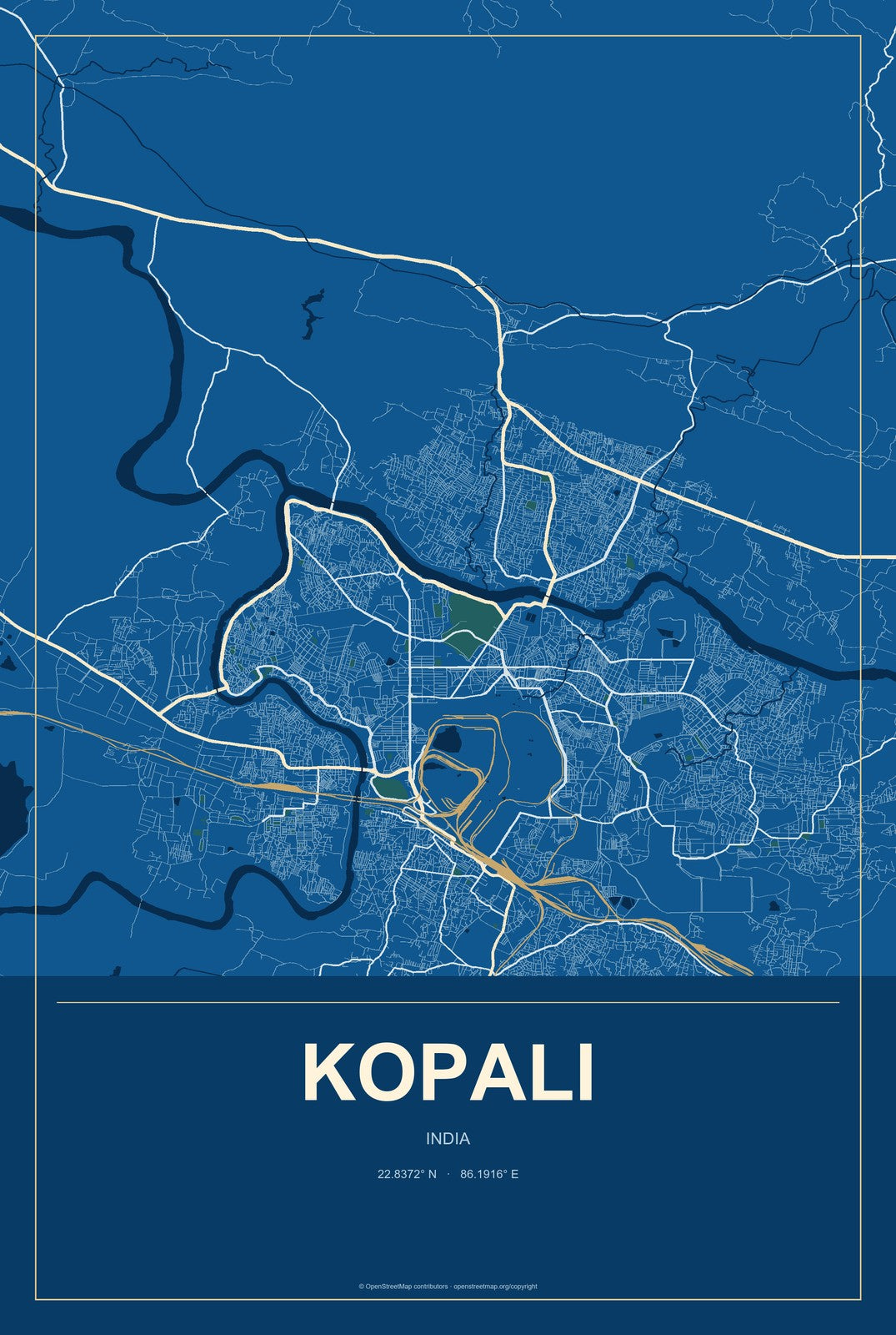 Kopali, India City Map Aluminum Sign in Harbor Cobalt style
