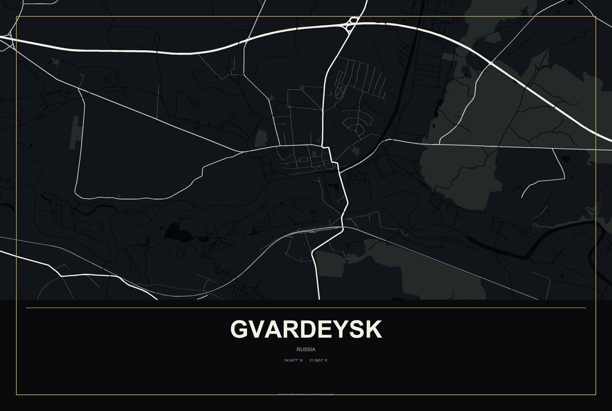 Gvardeysk, Russia City Map Aluminum Sign in Metropolitan Noir style