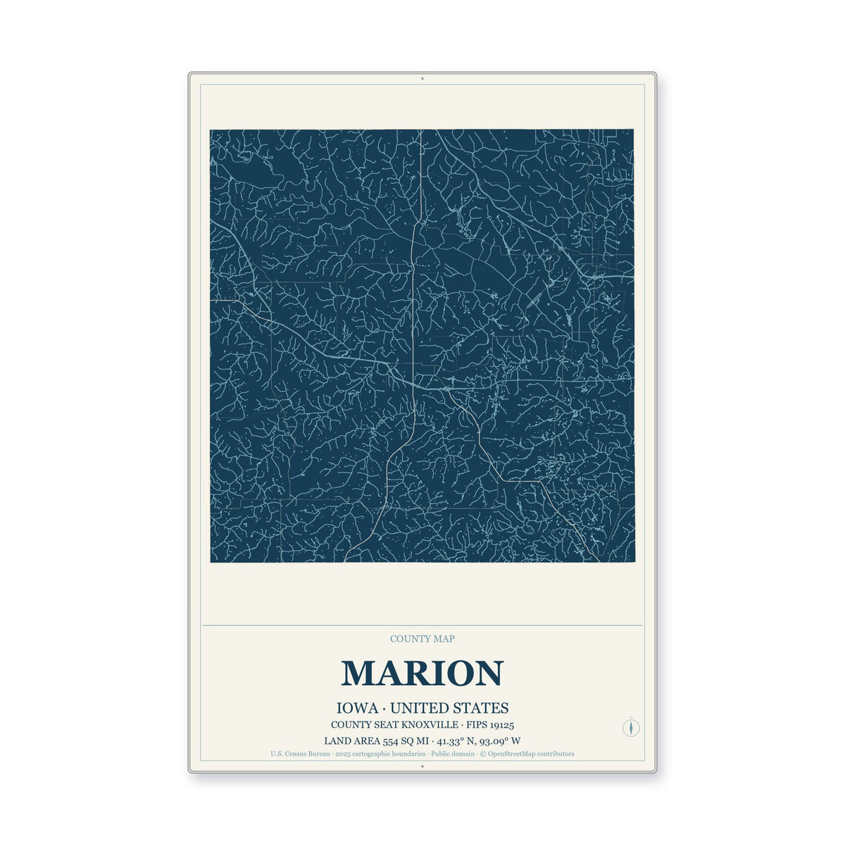 Marion County, Iowa Map Aluminum Sign in Coastal Cutout style