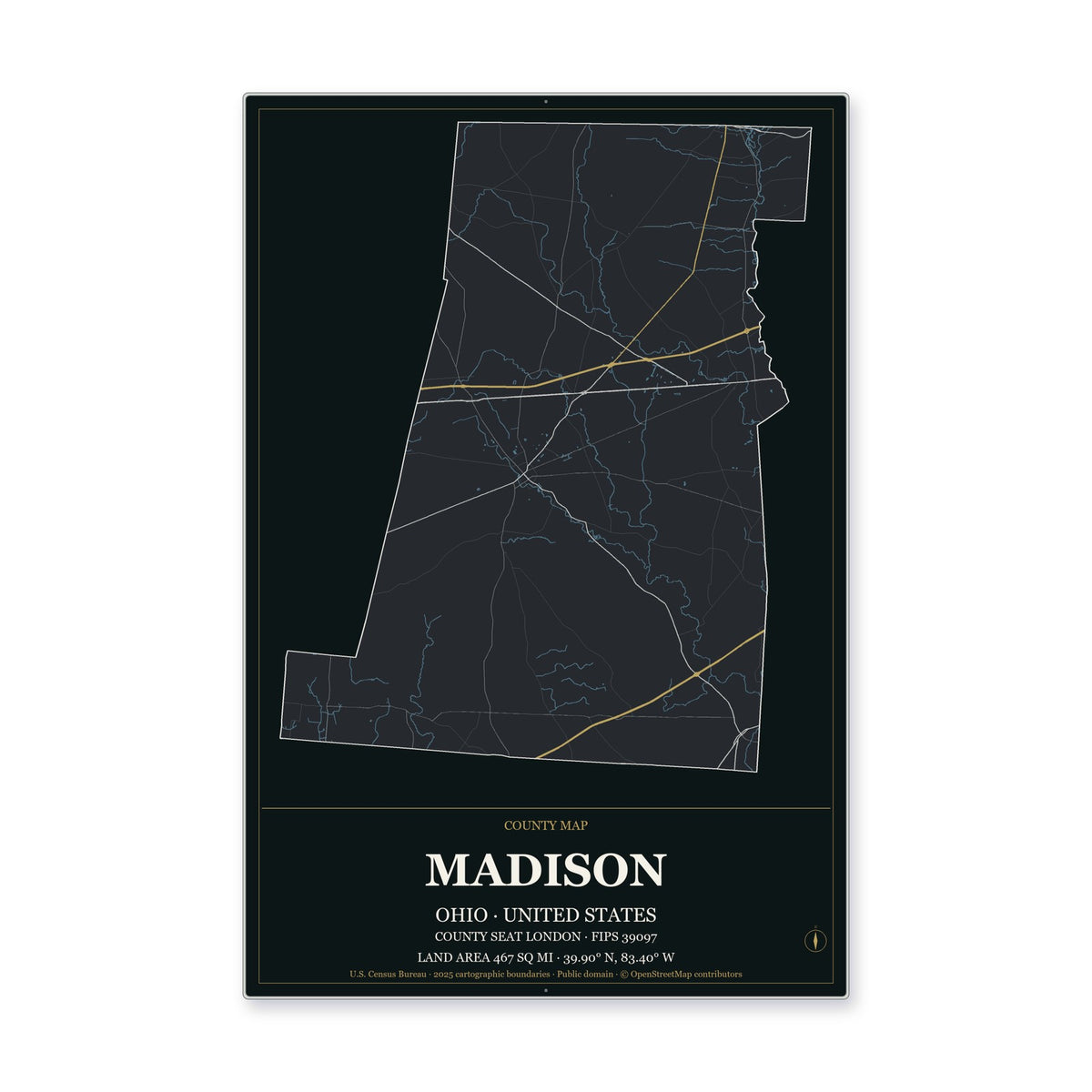 Madison County, Ohio Map Aluminum Sign in Metropolitan Noir style