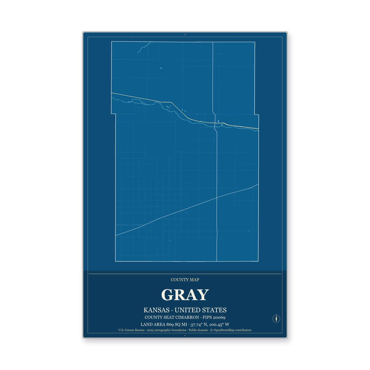 Gray County, Kansas Map Aluminum Sign in Harbor Cobalt style