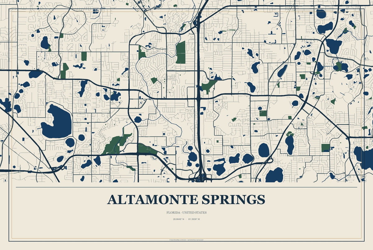 Altamonte Springs, Florida City Map Aluminum Sign in Coastal Cutout style