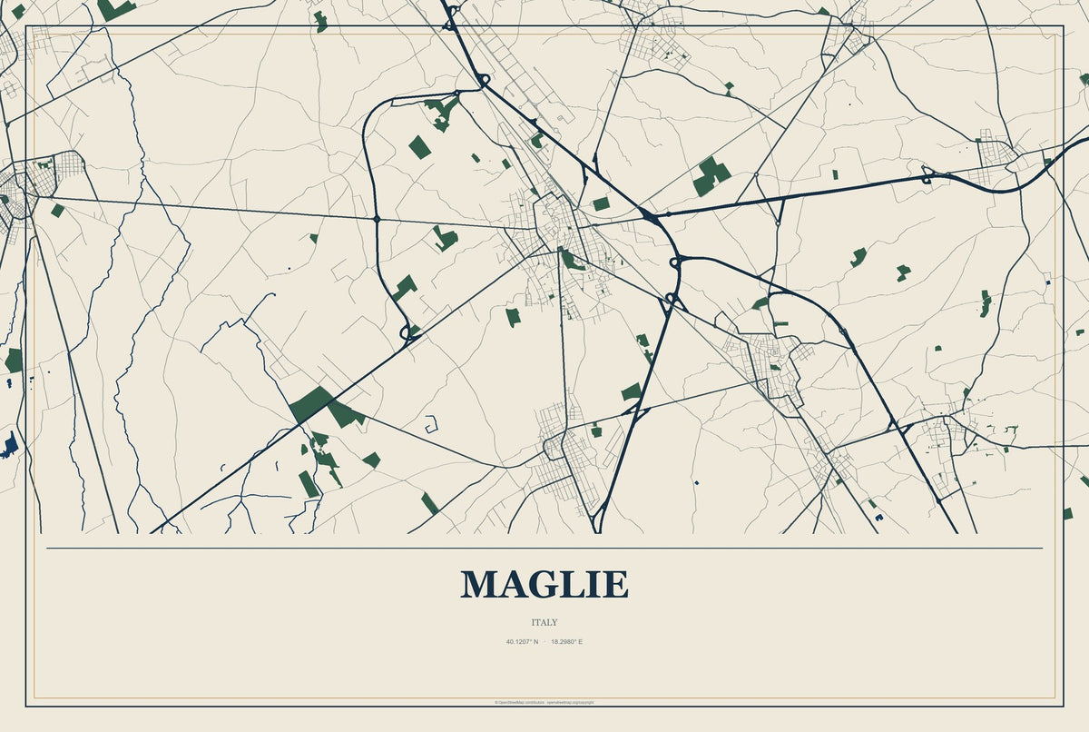 Maglie, Italy City Map Aluminum Sign in Coastal Cutout style