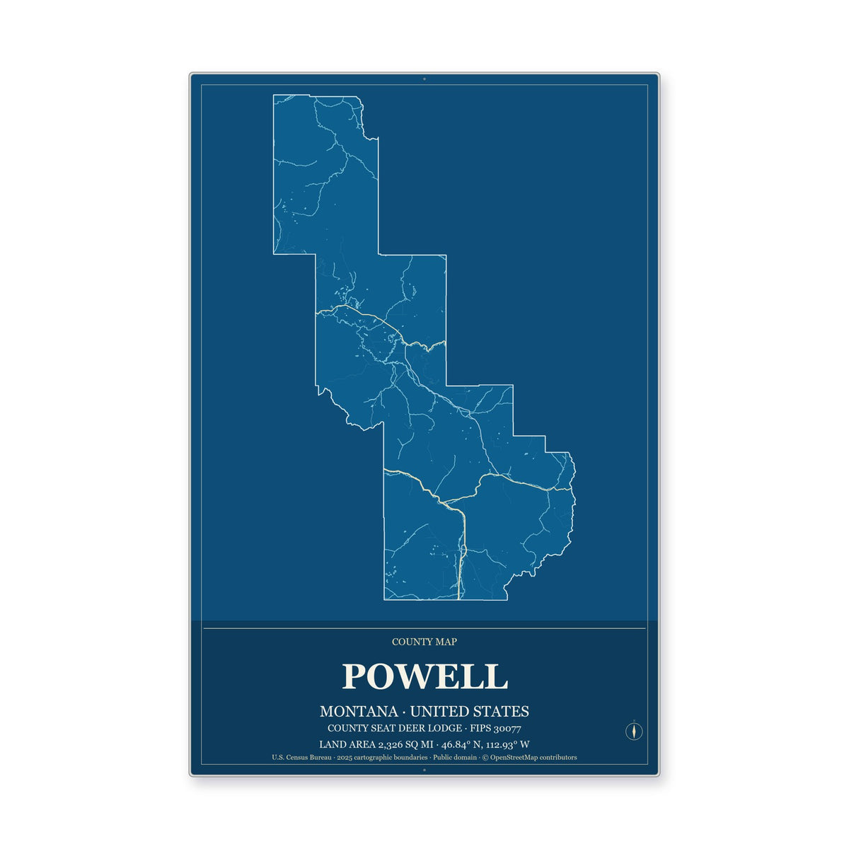 Powell County, Montana Map Aluminum Sign in Harbor Cobalt style