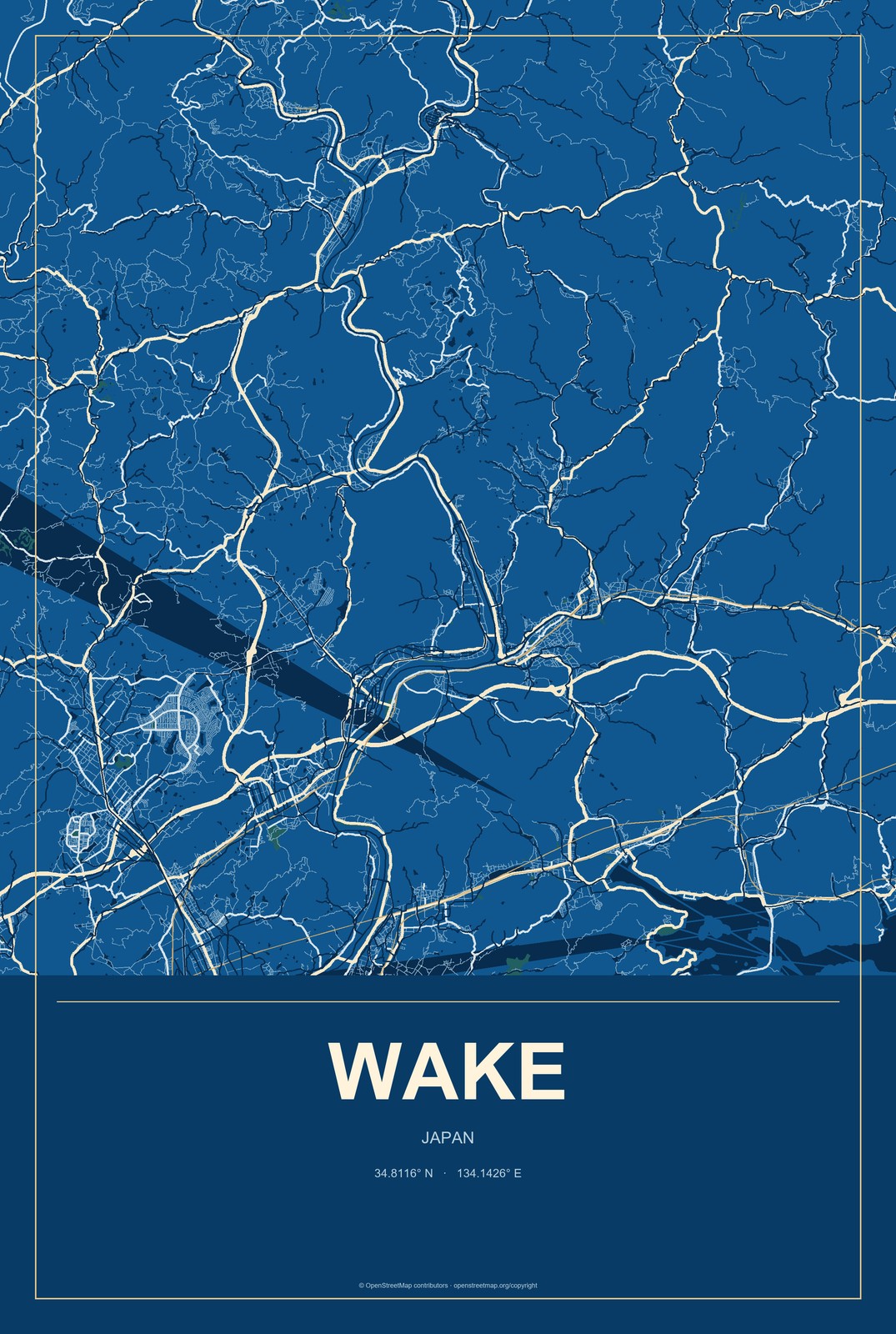 Wake, Japan City Map Aluminum Sign in Harbor Cobalt style