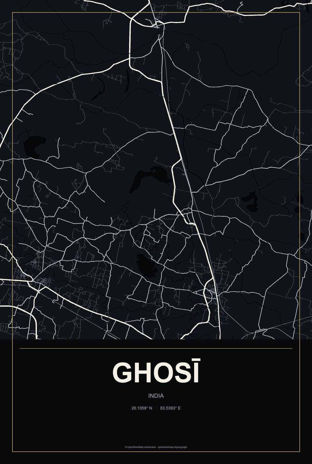 Ghosī, India City Map Aluminum Sign in Metropolitan Noir style