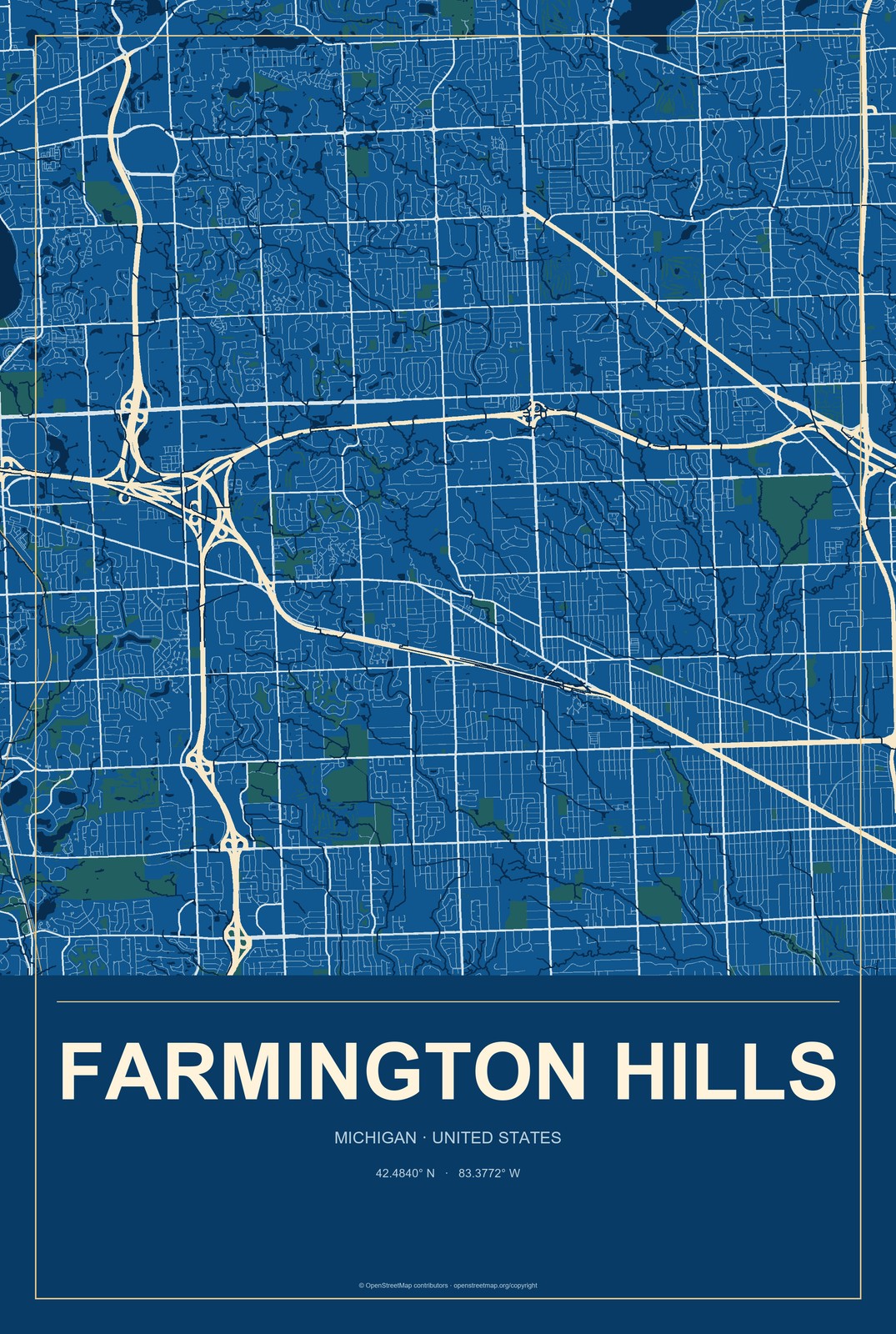 Farmington Hills, Michigan City Map Aluminum Sign in Harbor Cobalt style