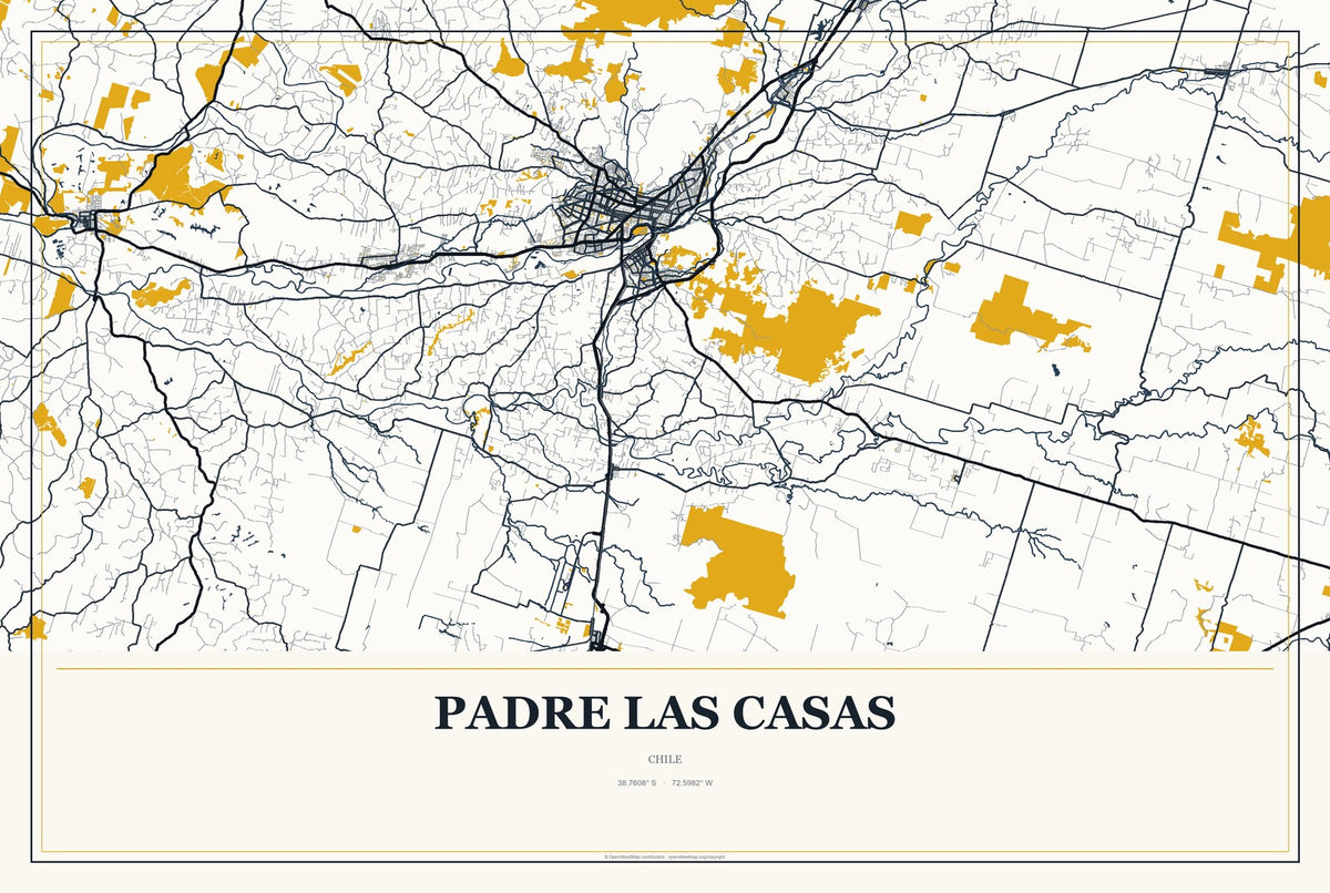 Padre Las Casas, Chile City Map Aluminum Sign in Citrine Modern style