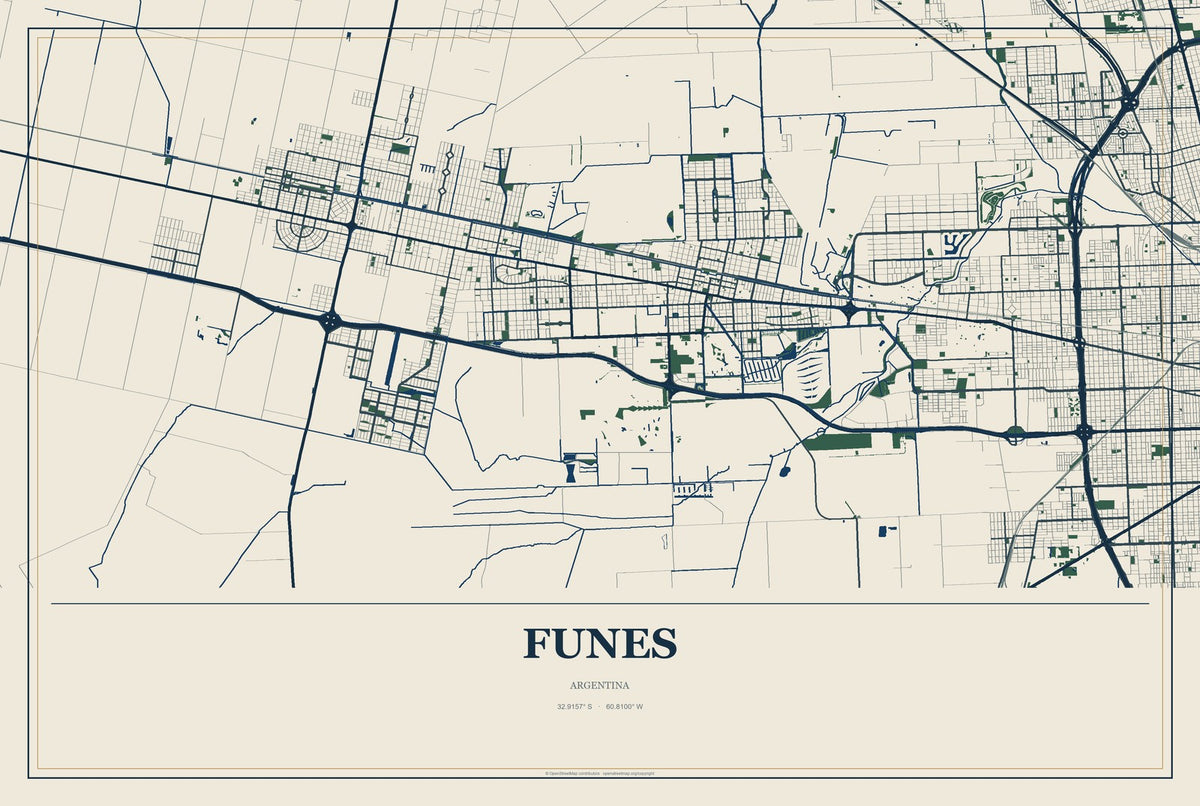 Funes, Argentina City Map Aluminum Sign in Coastal Cutout style