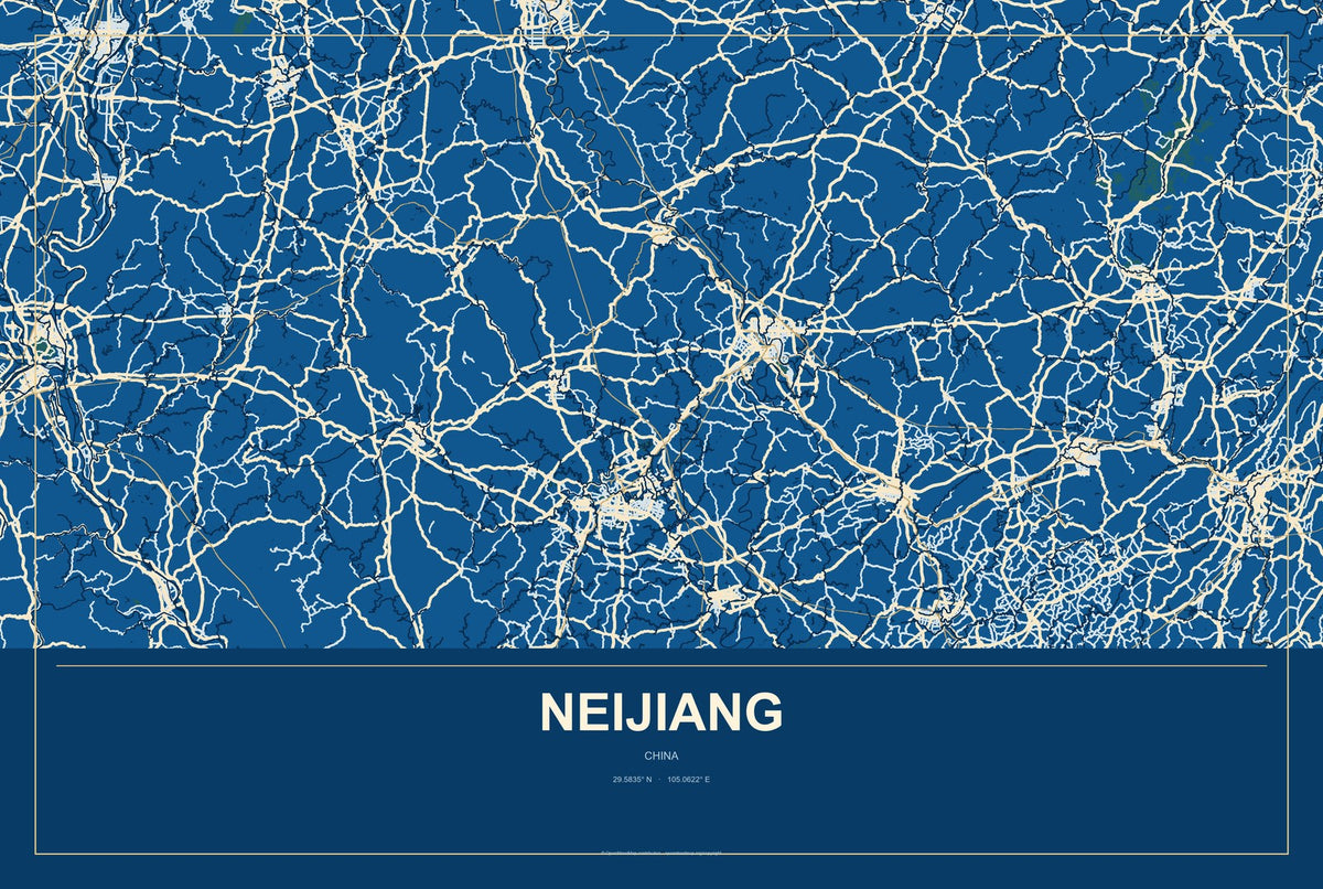 Neijiang, China City Map Aluminum Sign in Harbor Cobalt style