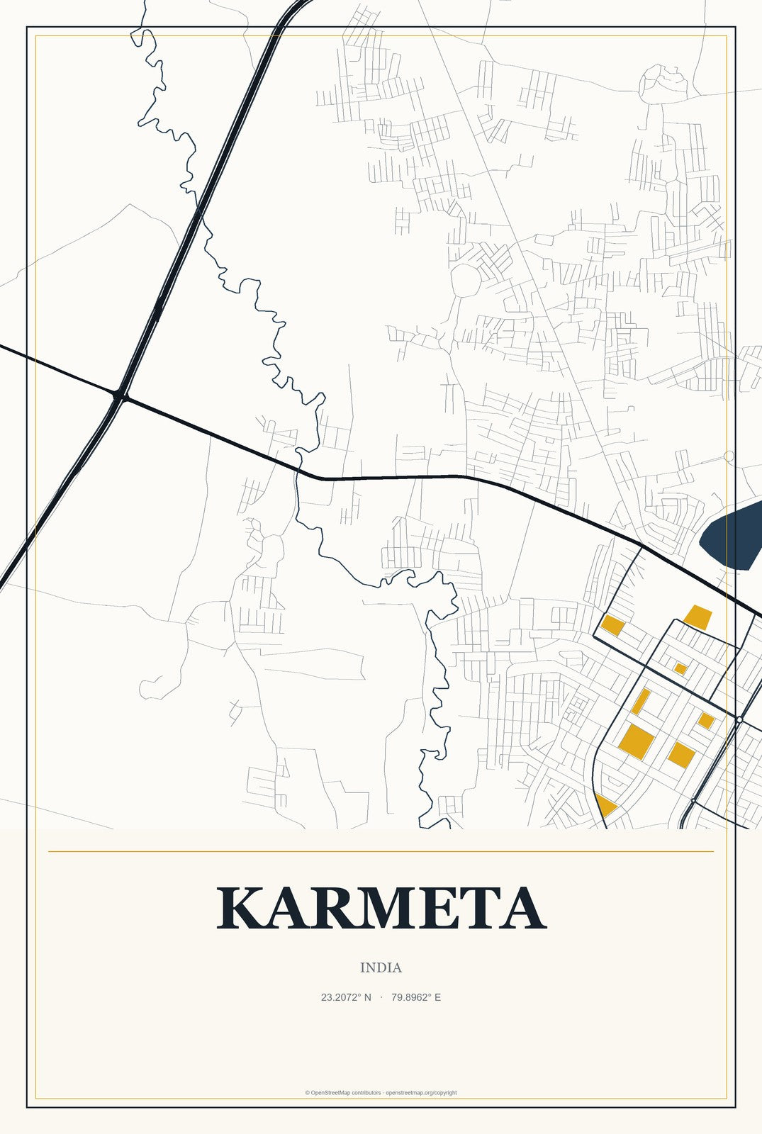 Karmeta, India City Map Aluminum Sign in Citrine Modern style