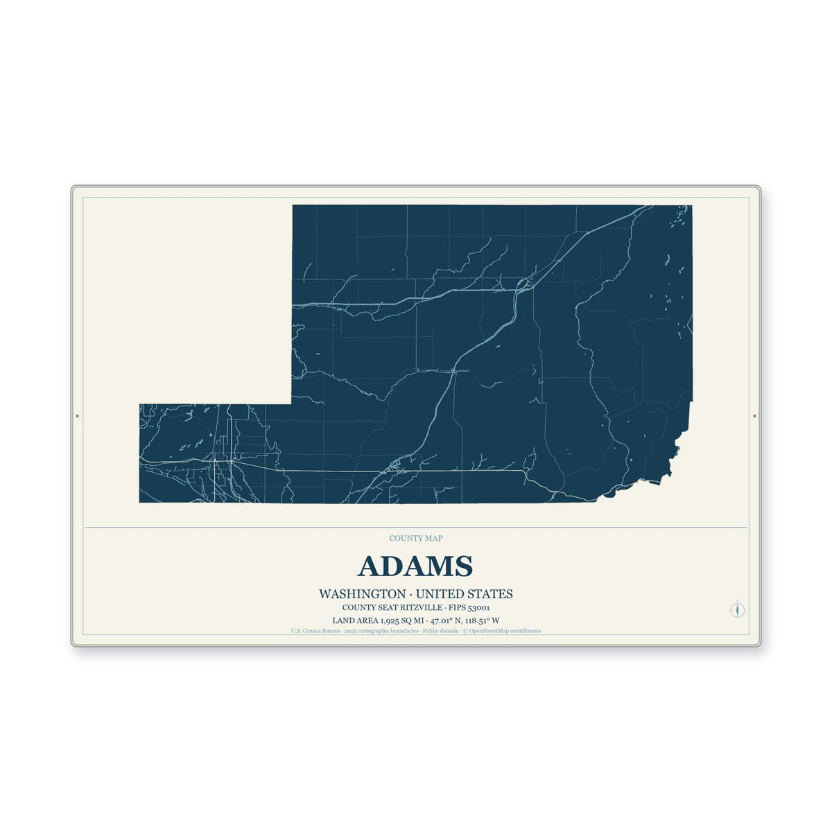 Adams County, Washington Map Aluminum Sign in Coastal Cutout style