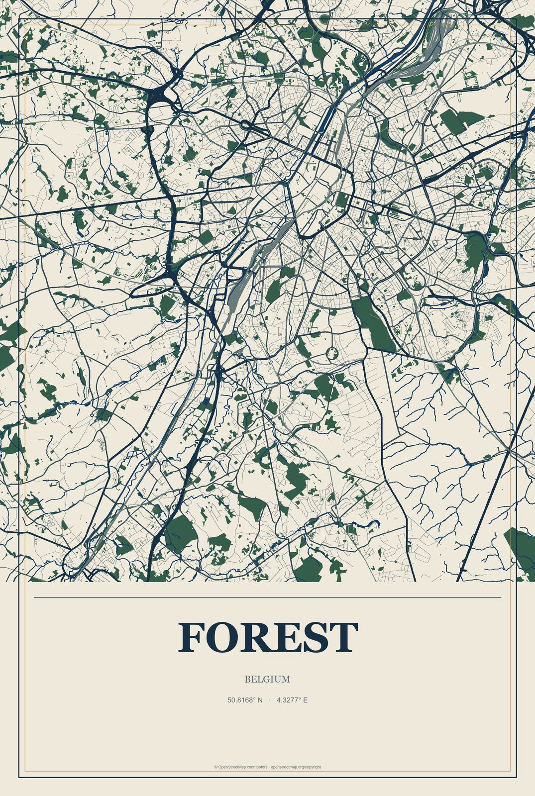Forest, Belgium City Map Aluminum Sign in Coastal Cutout style