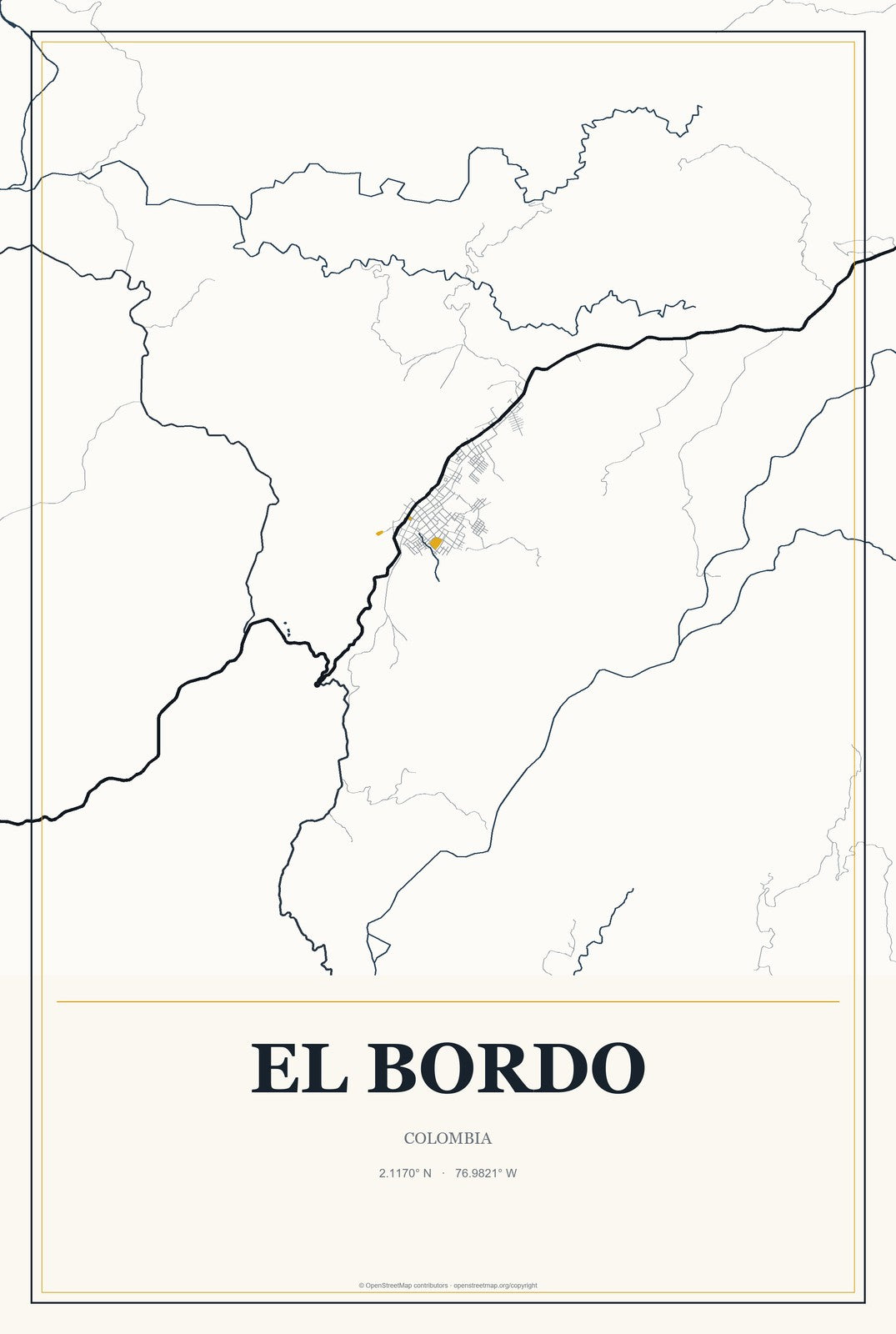 El Bordo, Colombia City Map Aluminum Sign in Citrine Modern style