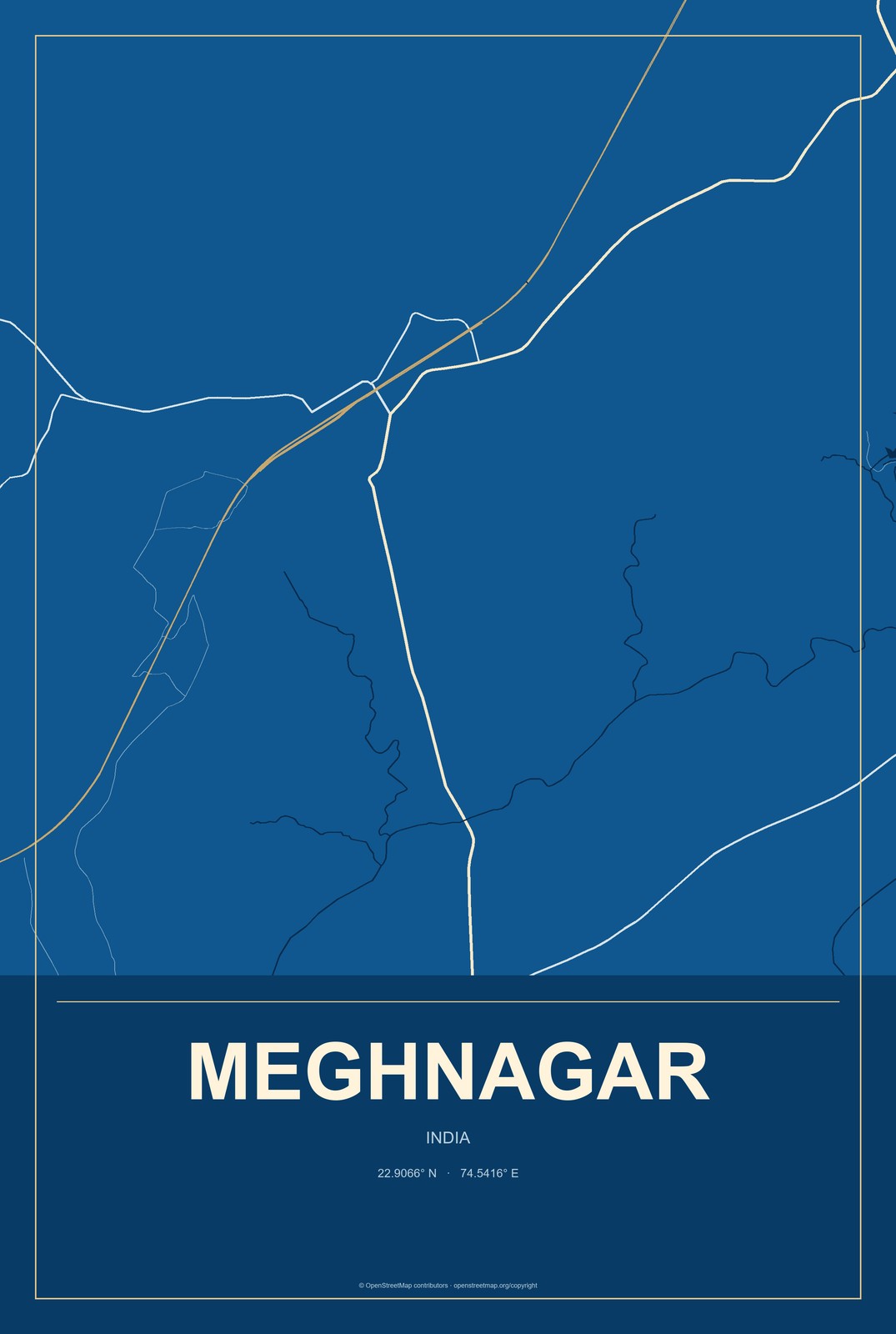 Meghnagar, India City Map Aluminum Sign in Harbor Cobalt style