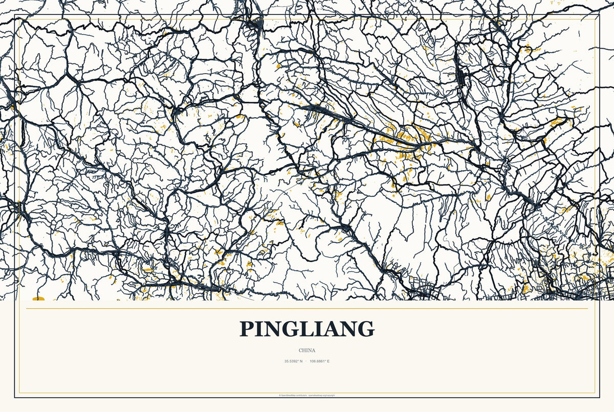 Pingliang, China City Map Aluminum Sign in Citrine Modern style