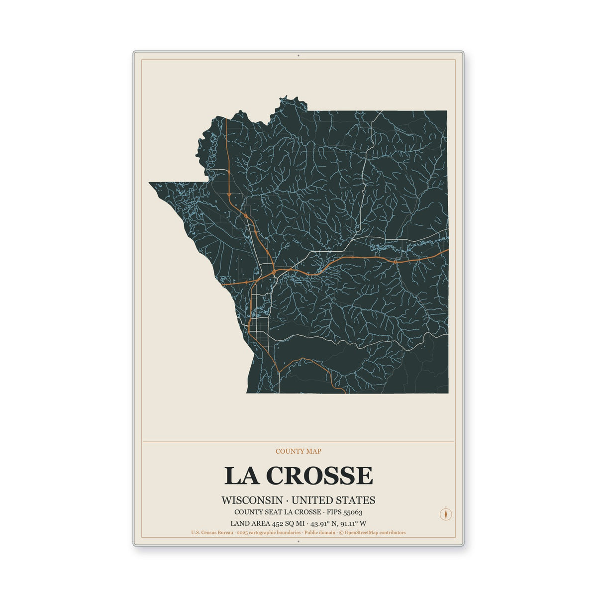 La Crosse County, Wisconsin Map Aluminum Sign in Headline Atlas style