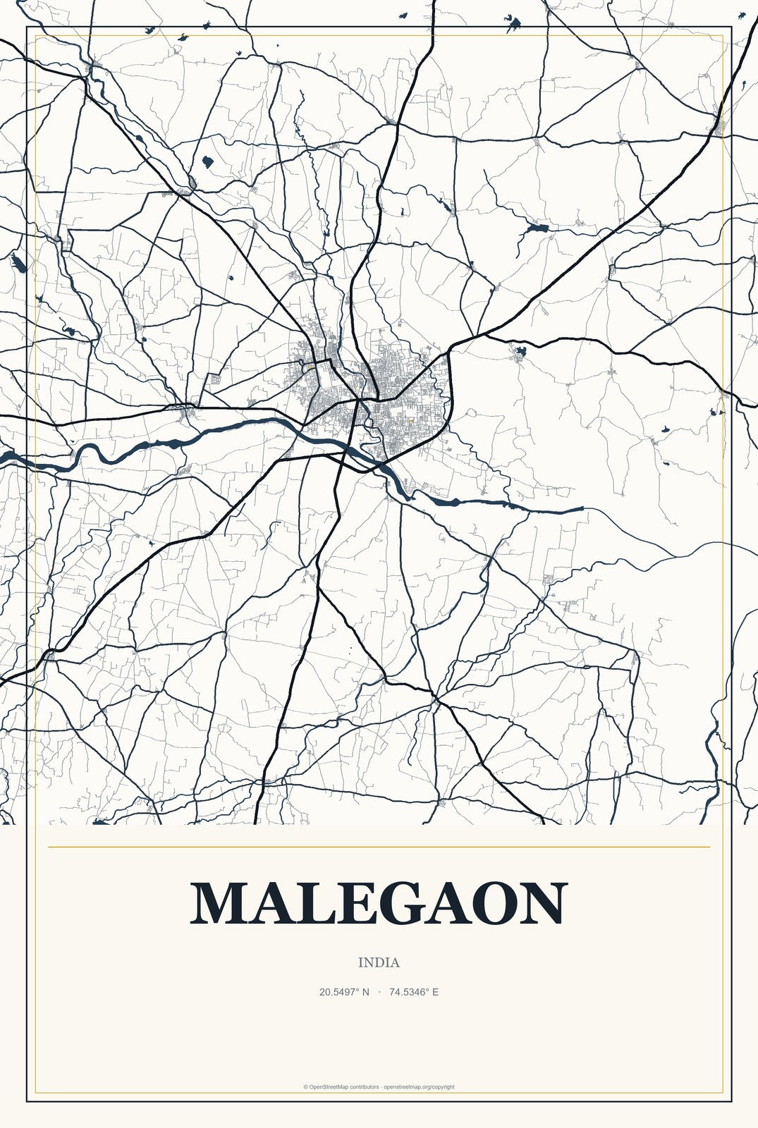 Malegaon, India City Map Aluminum Sign in Citrine Modern style