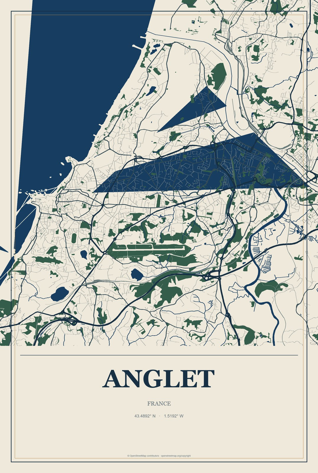Anglet, France City Map Aluminum Sign in Coastal Cutout style