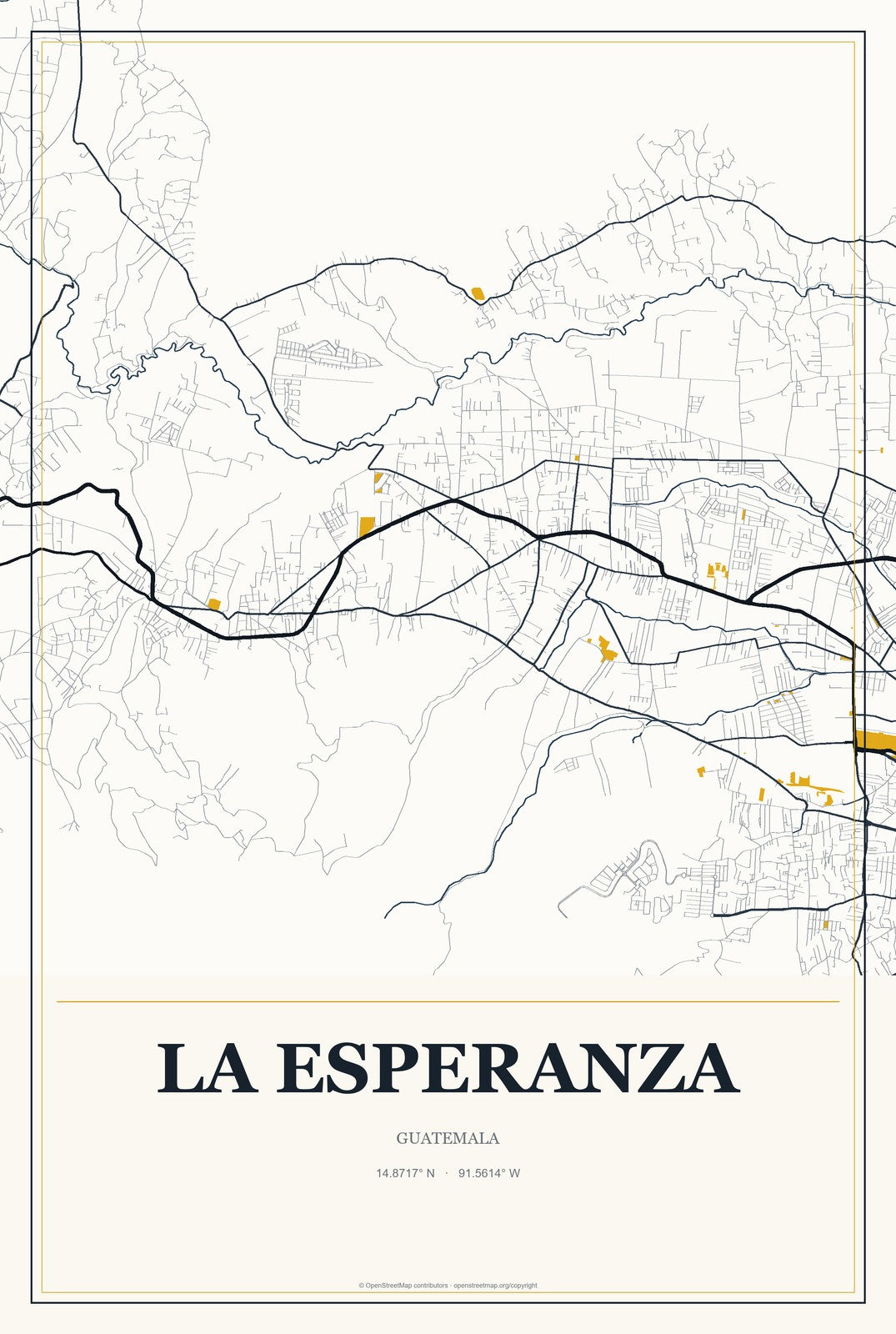 La Esperanza, Guatemala City Map Aluminum Sign in Citrine Modern style