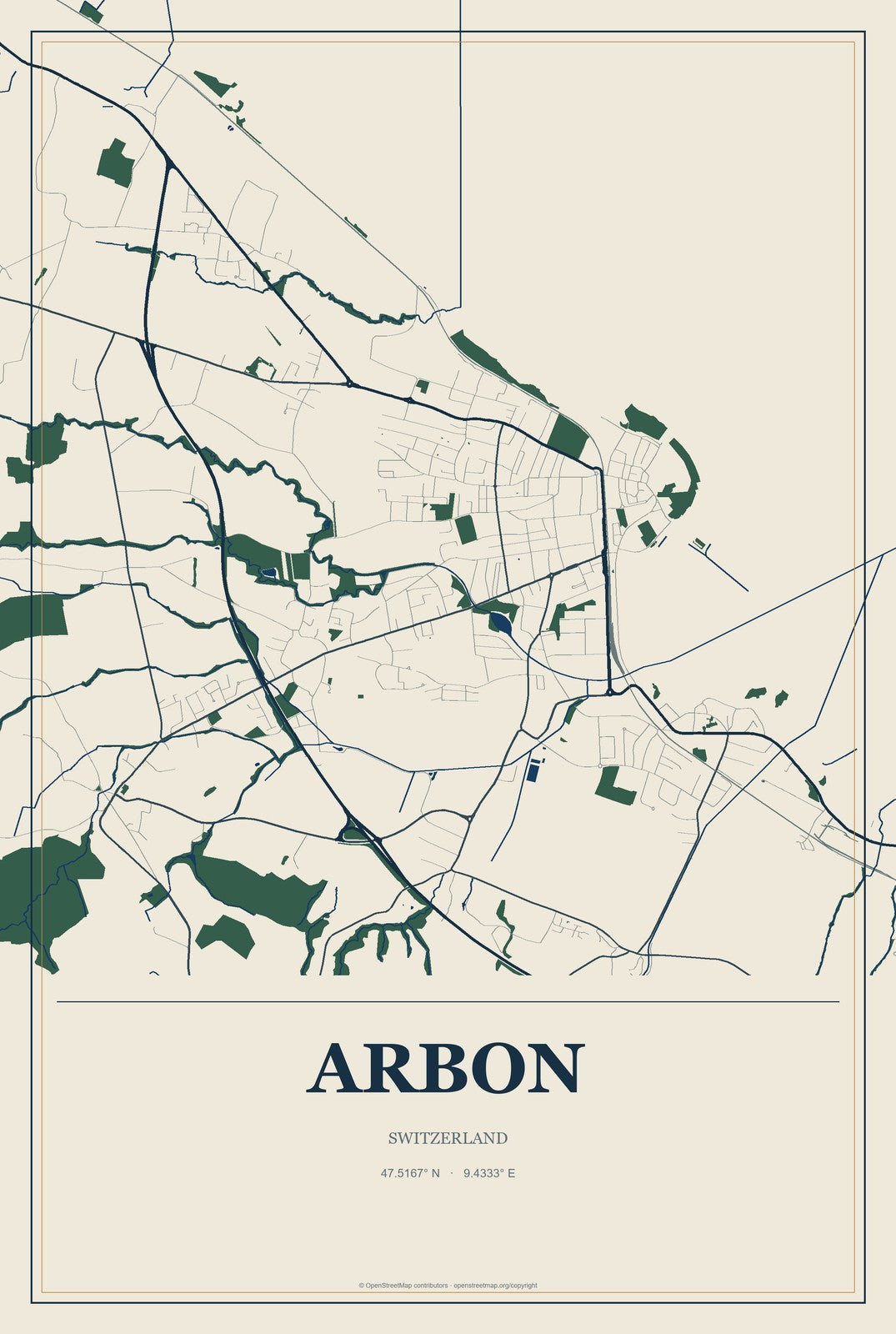 Arbon, Switzerland City Map Aluminum Sign in Coastal Cutout style