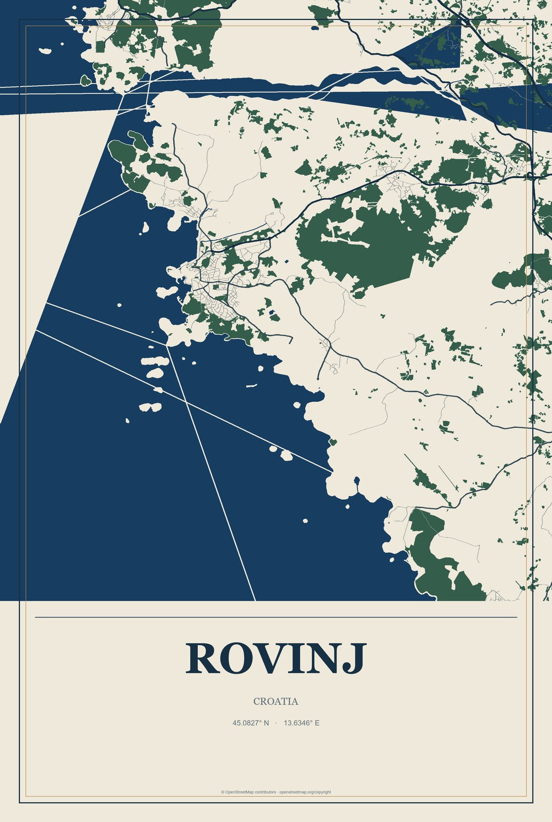 Rovinj, Croatia City Map Aluminum Sign in Coastal Cutout style