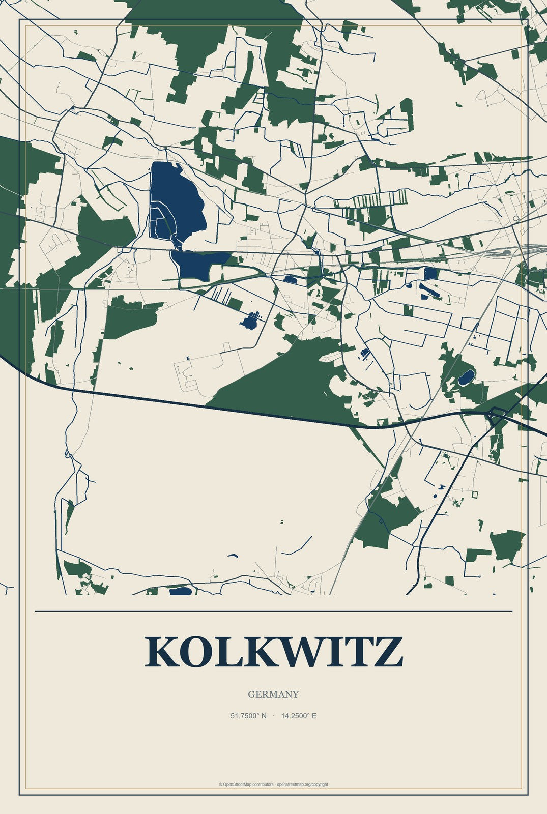 Kolkwitz, Germany City Map Aluminum Sign in Coastal Cutout style