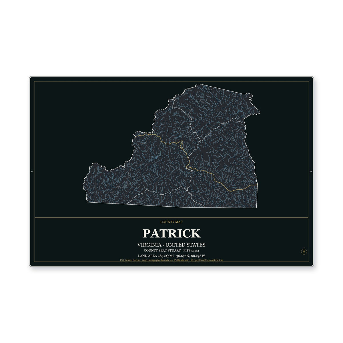 Patrick County, Virginia Map Aluminum Sign in Metropolitan Noir style