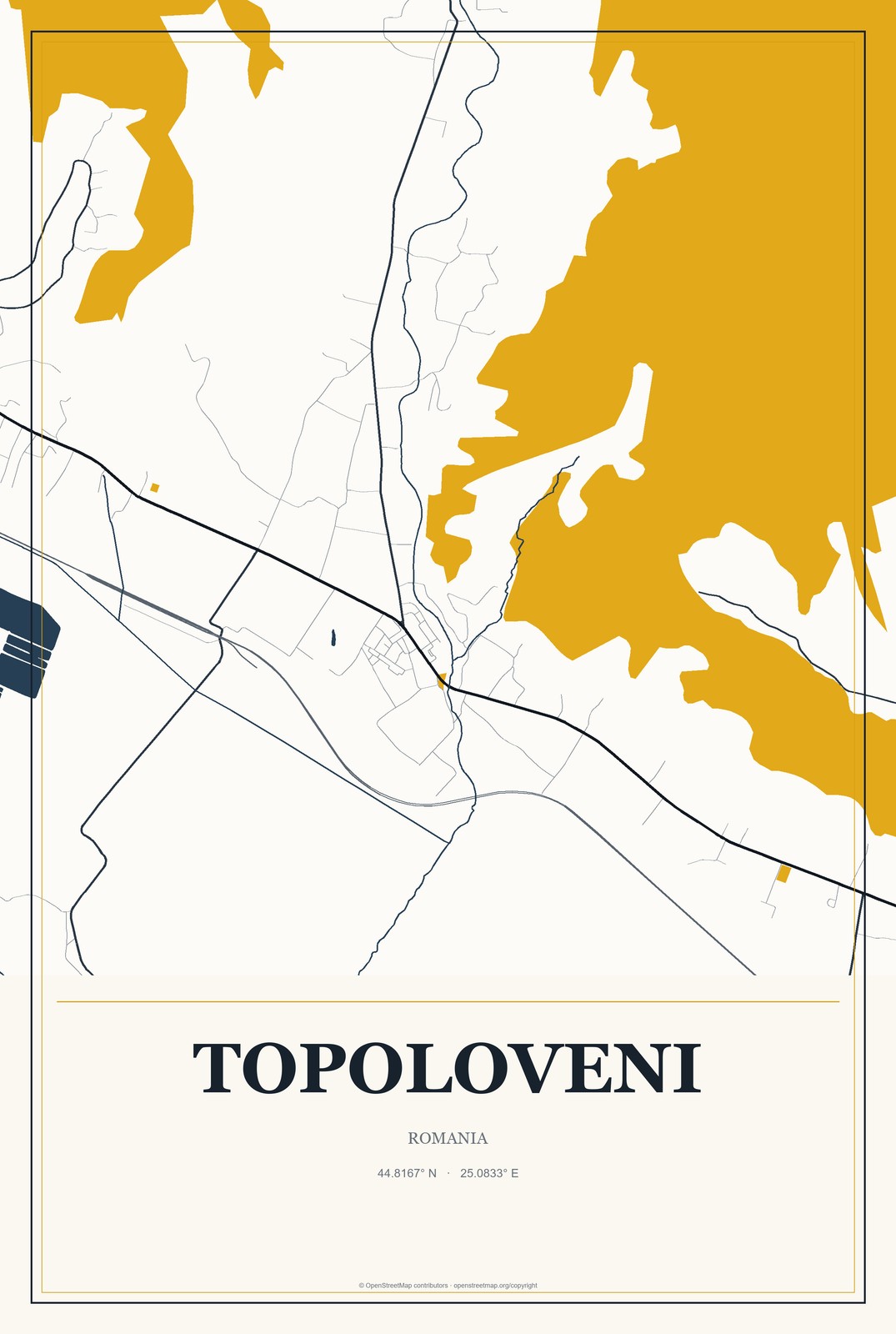 Topoloveni, Romania City Map Aluminum Sign in Citrine Modern style