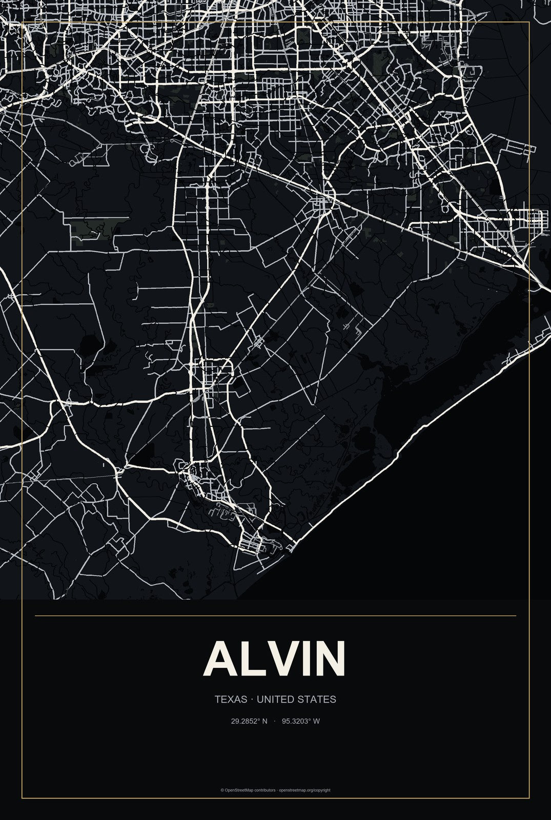 Alvin, Texas City Map Aluminum Sign in Metropolitan Noir style
