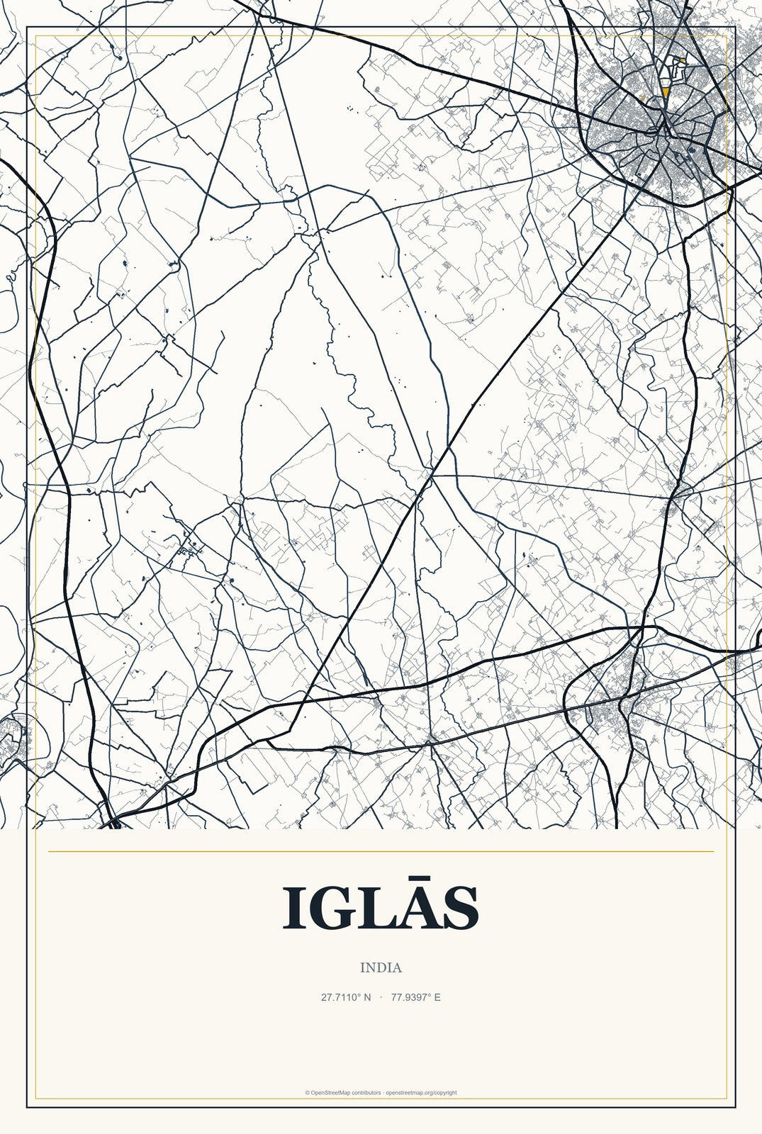 Iglās, India City Map Aluminum Sign in Citrine Modern style